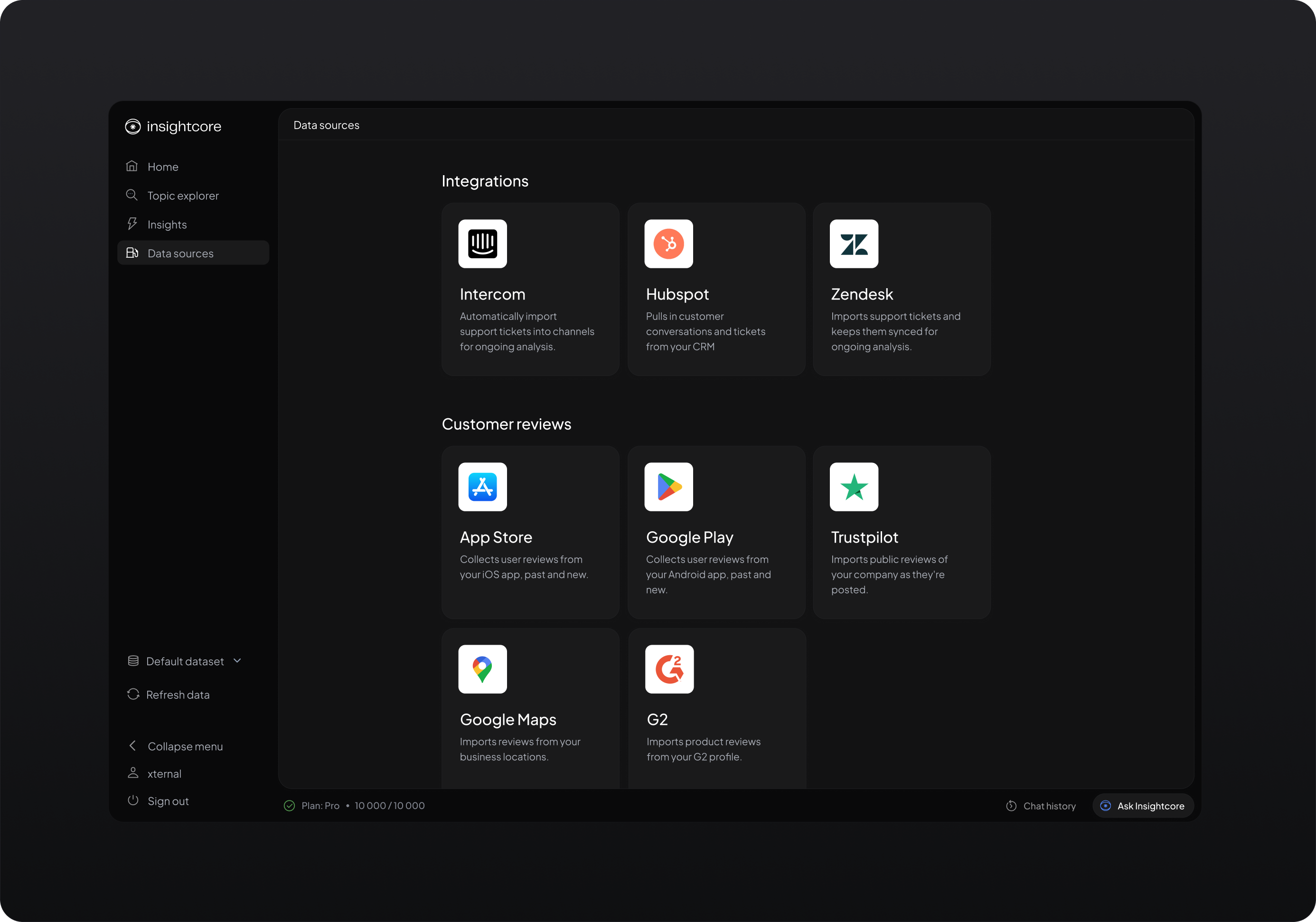 Insightcore data sources and feedback dashboard