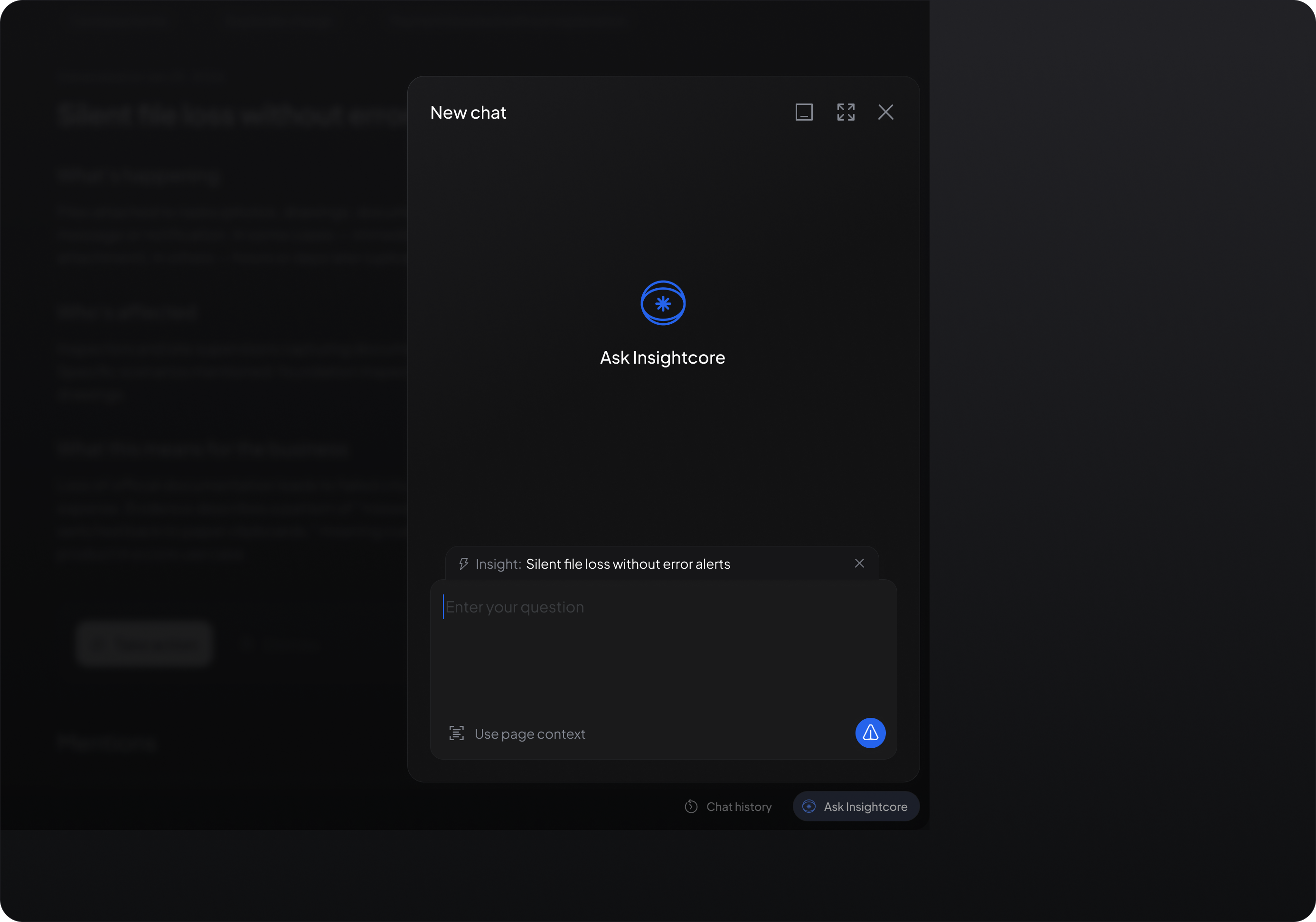 Insightcore Ask Insightcore chat panel open over an insight detail