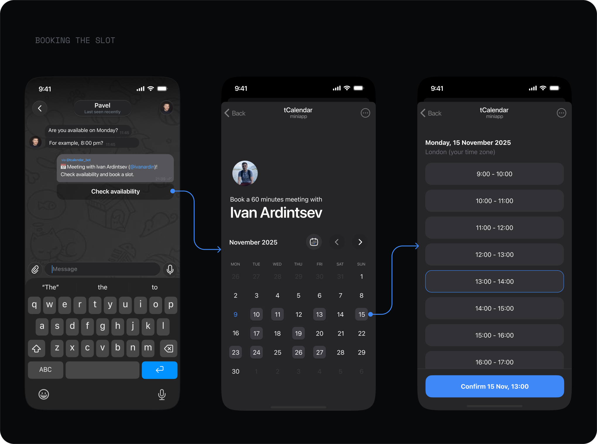 Booking a slot from a shared availability link inside Telegram