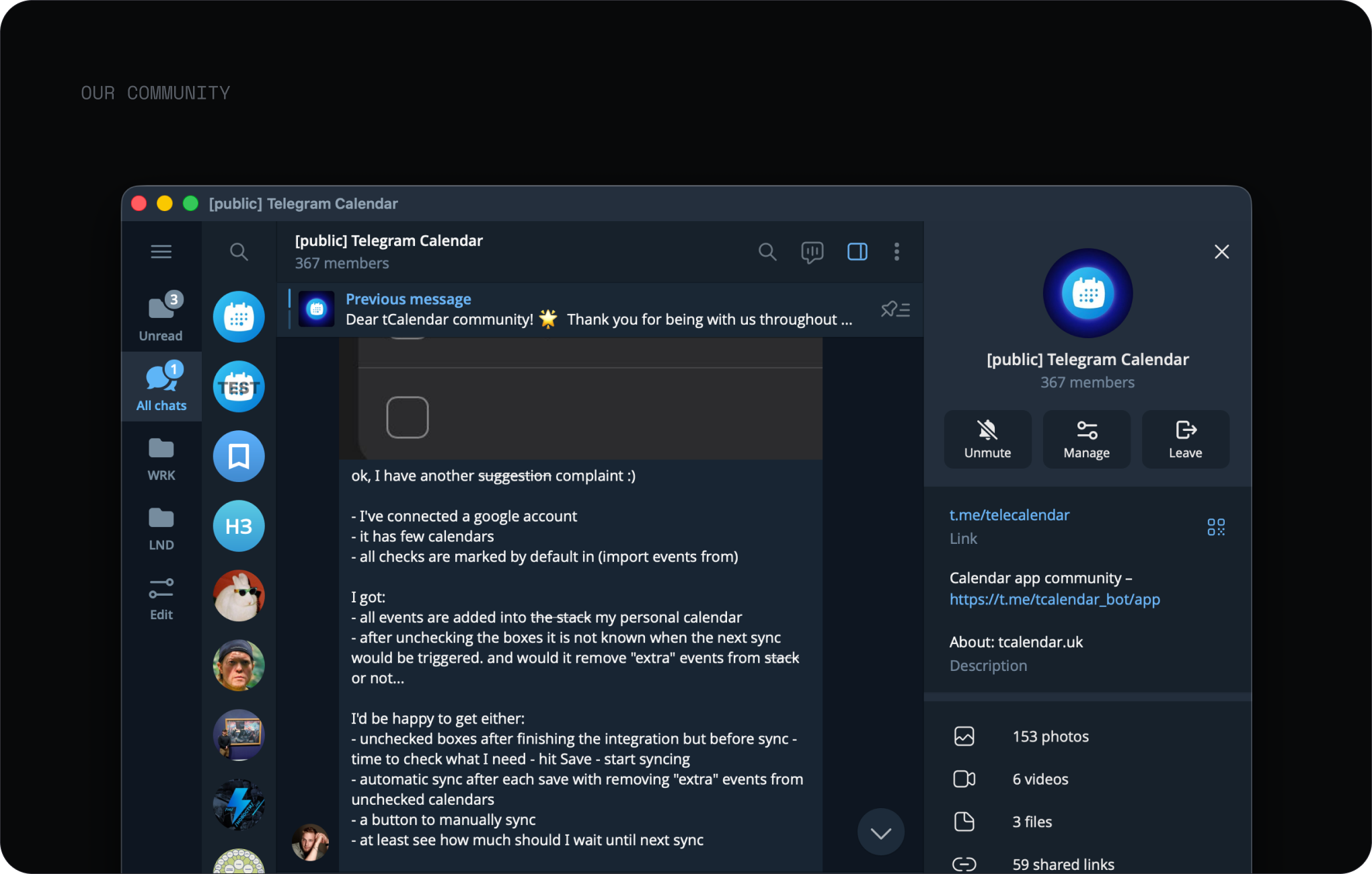 The tCalendar community around the mini app