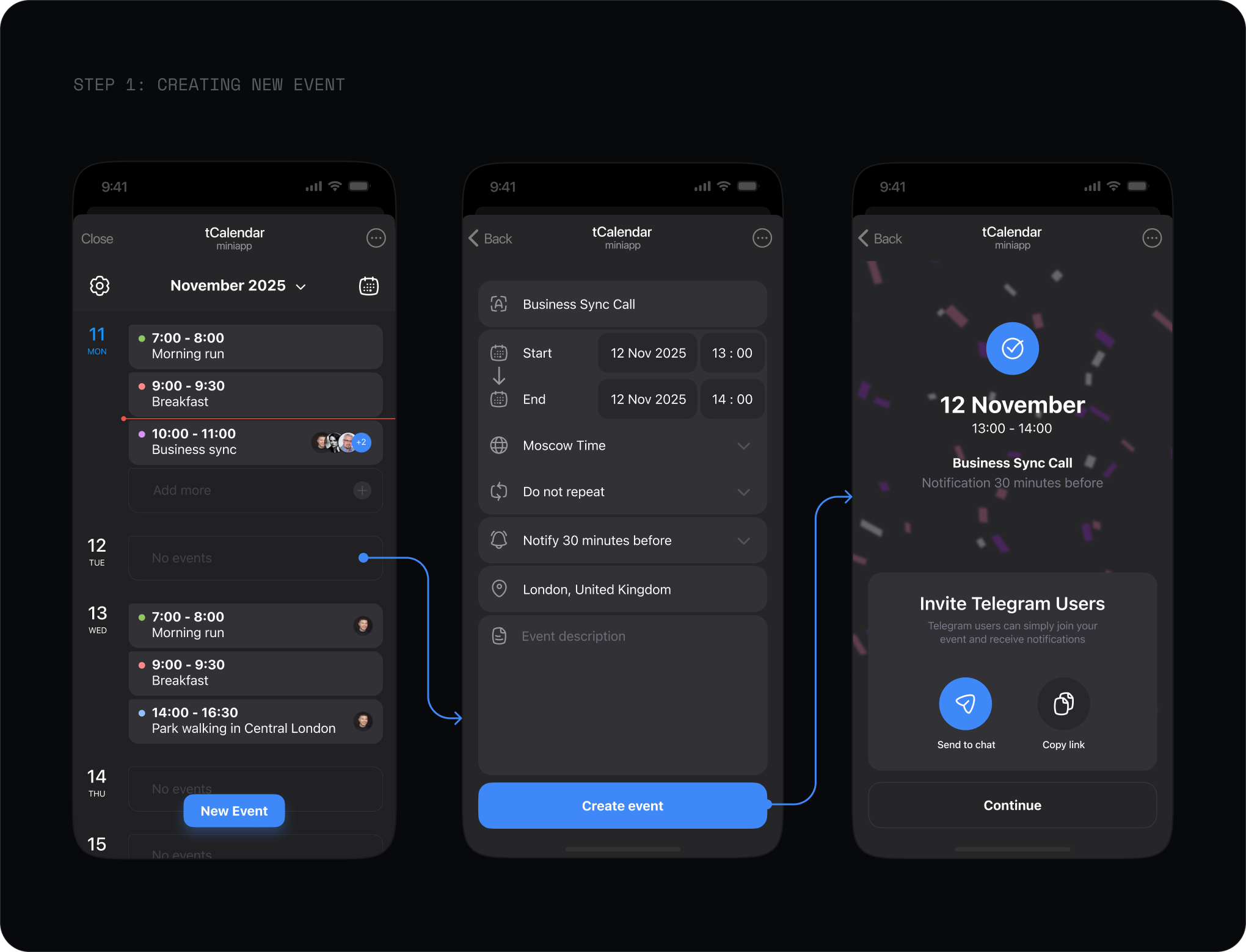 Step 1: creating a new event in the tCalendar mini app