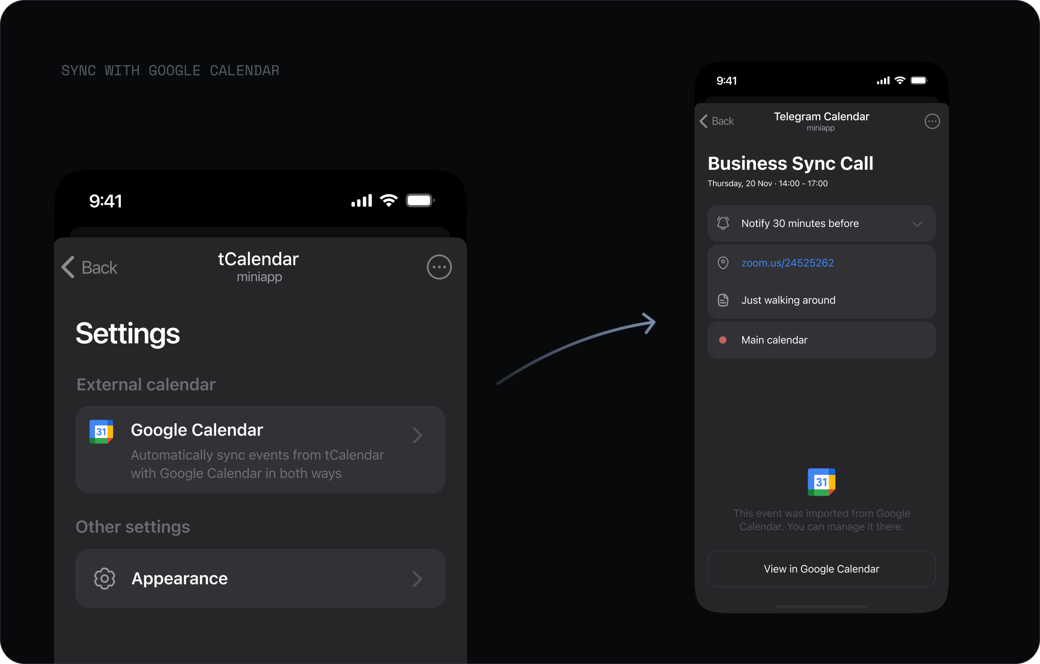 Syncing tCalendar with Google Calendar in the settings