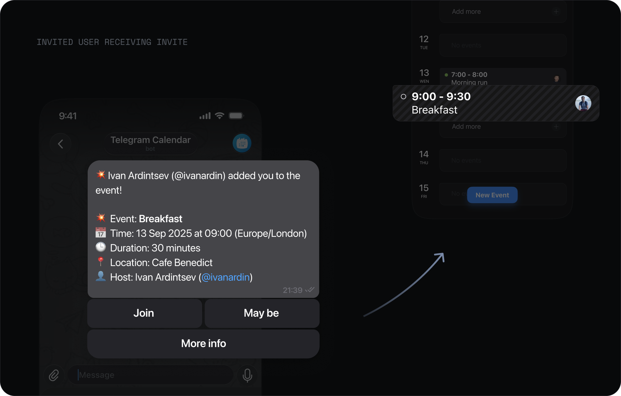 An invited user receiving an event invite in Telegram