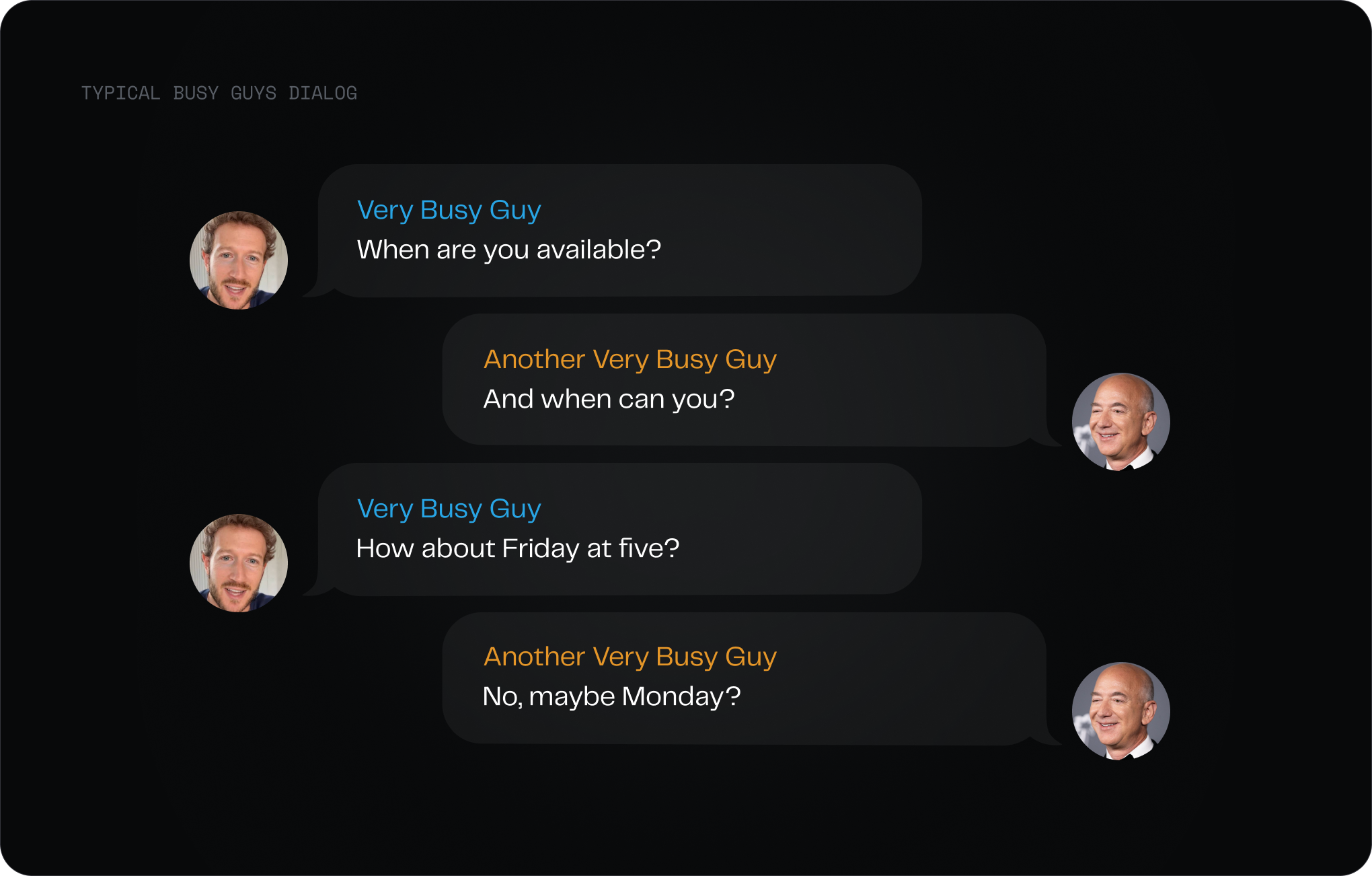 A typical scheduling dialog going back and forth over a meeting time
