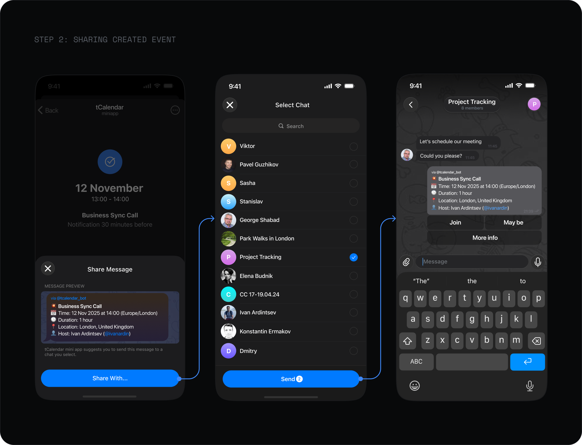 Step 2: sharing a created event into a Telegram chat