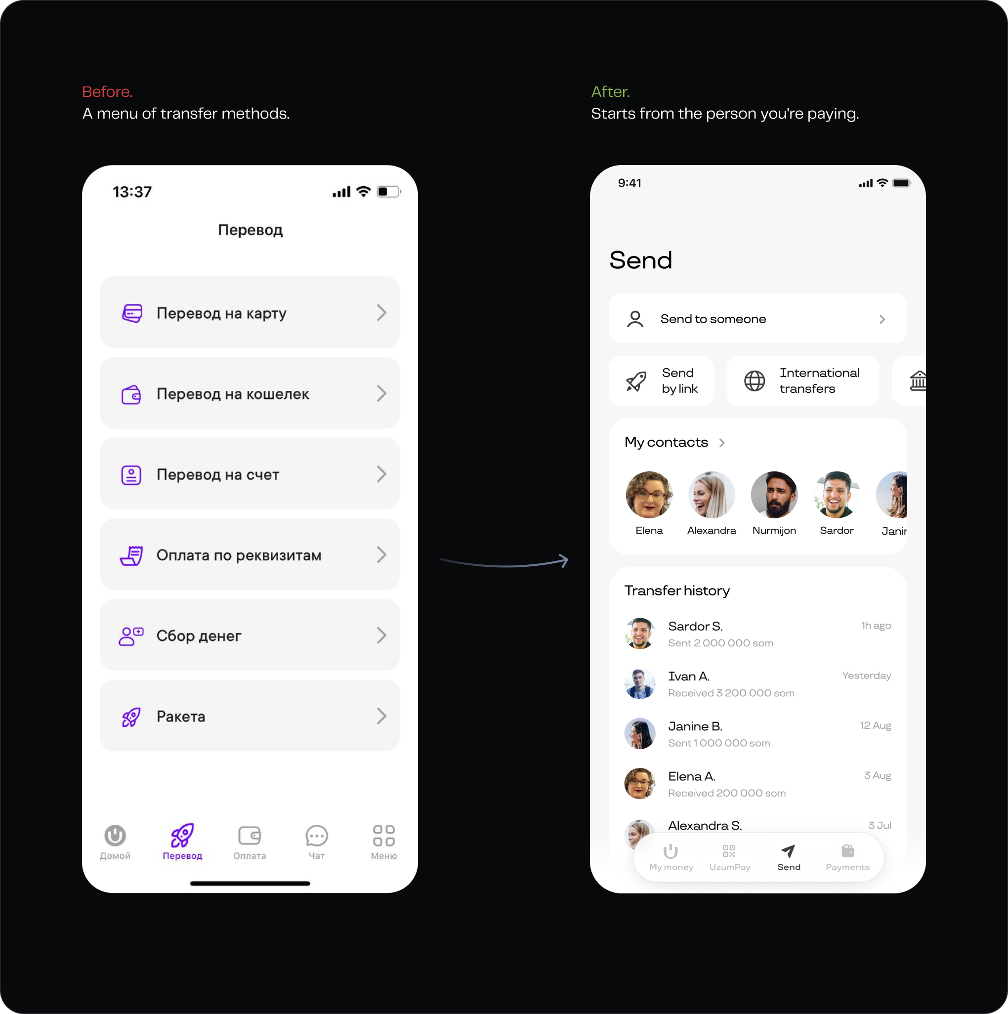 Before: a menu of transfer methods. After: starts from the person you're paying