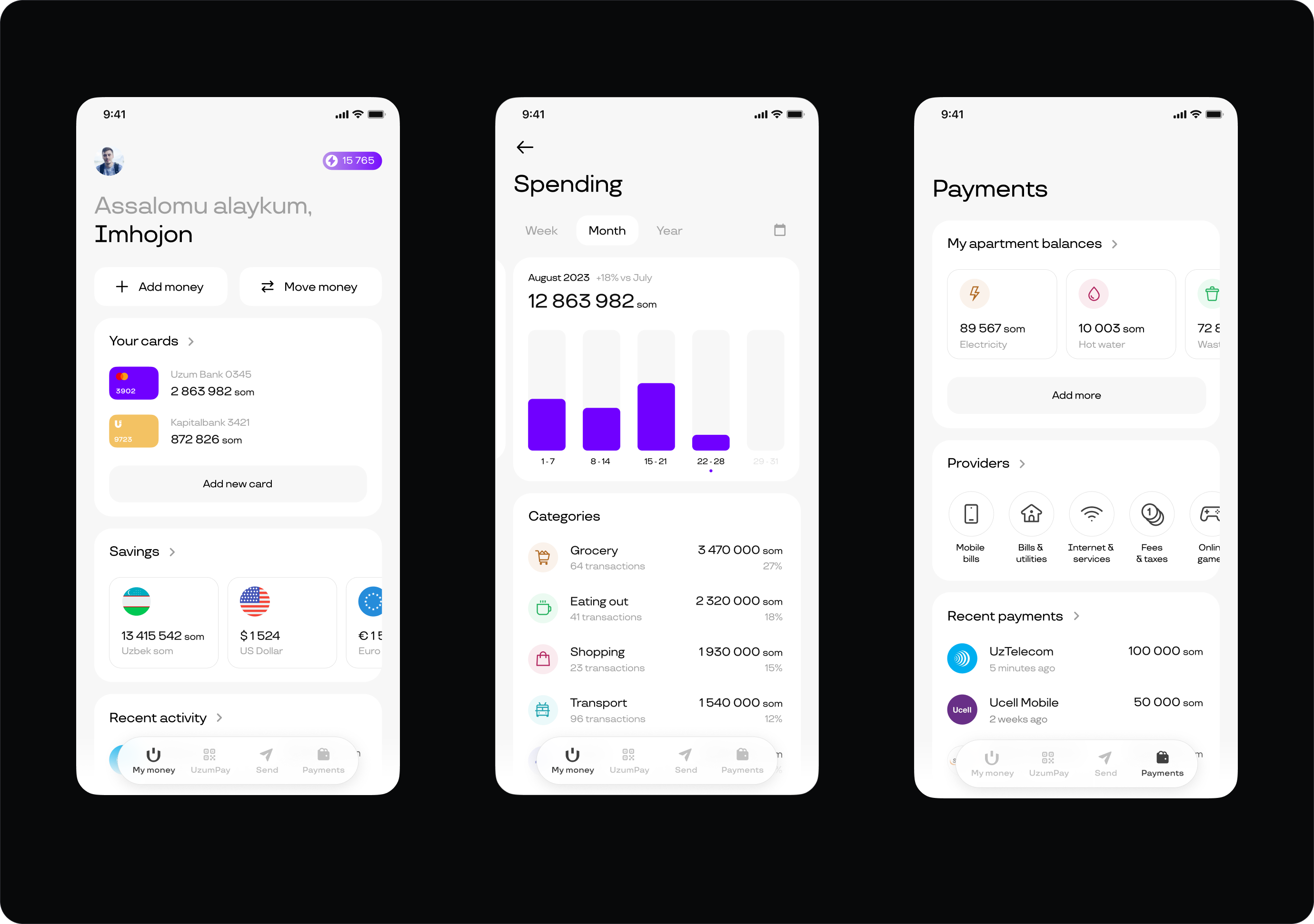 Uzum Bank home screen and core money flows